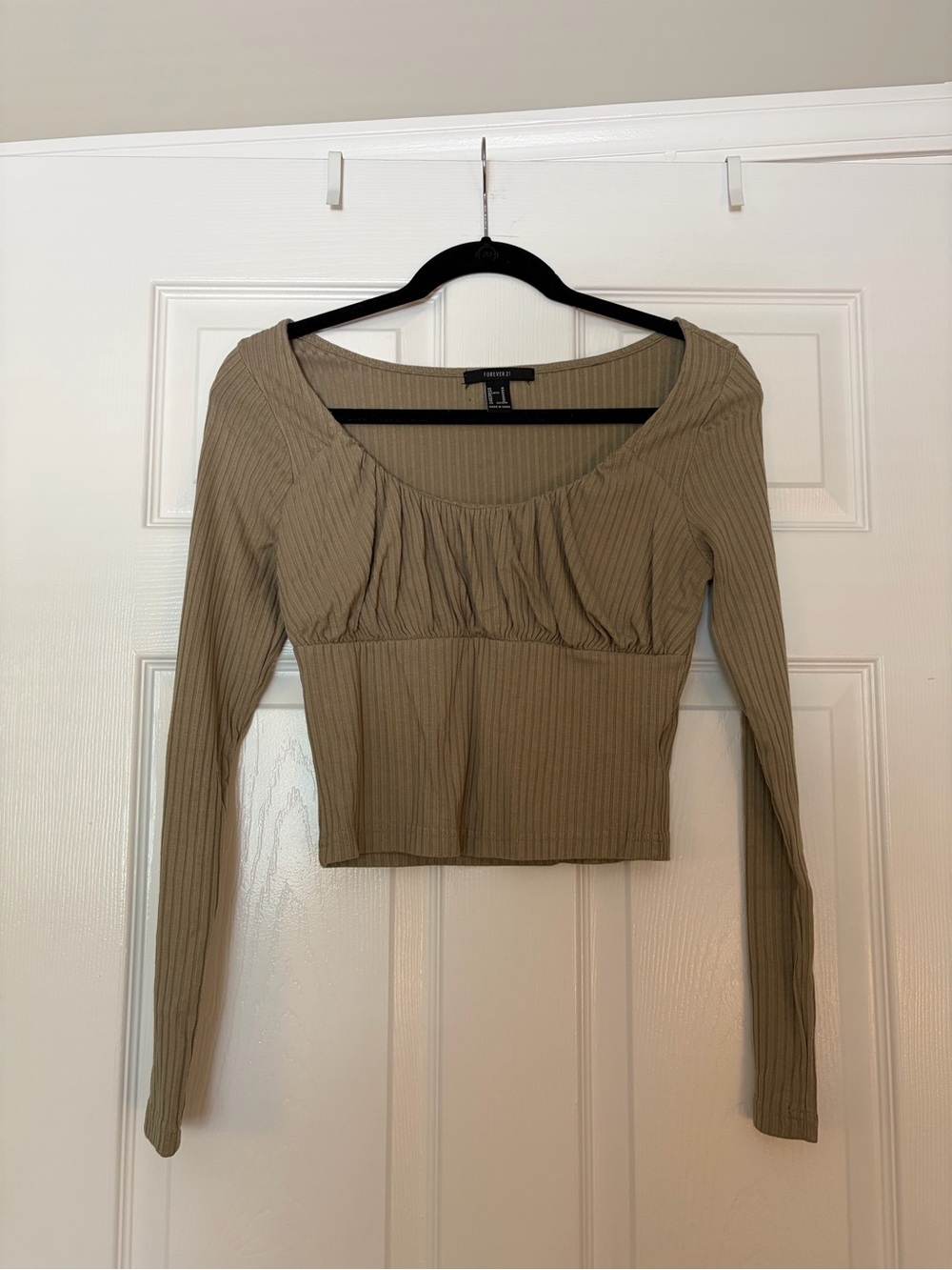 Forever 21 Olive Ribbed Long Sleeve Crop Top with Scoop Neck